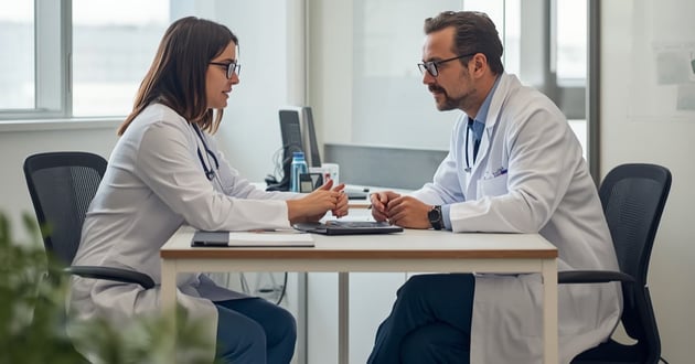 Two veterinarians talking about purchasing a veterinary practice. 