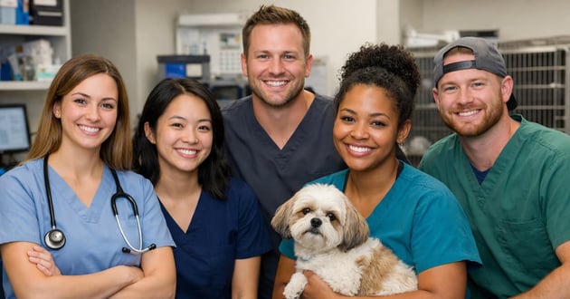 A veterinarian and her office and medical staff