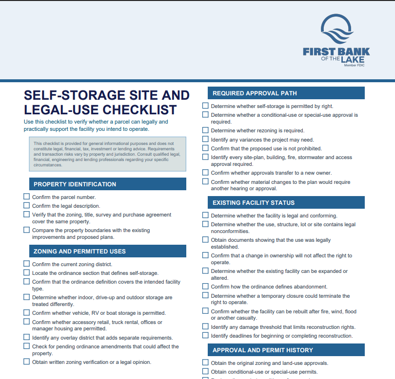 Legal Use Self Storage Checlist