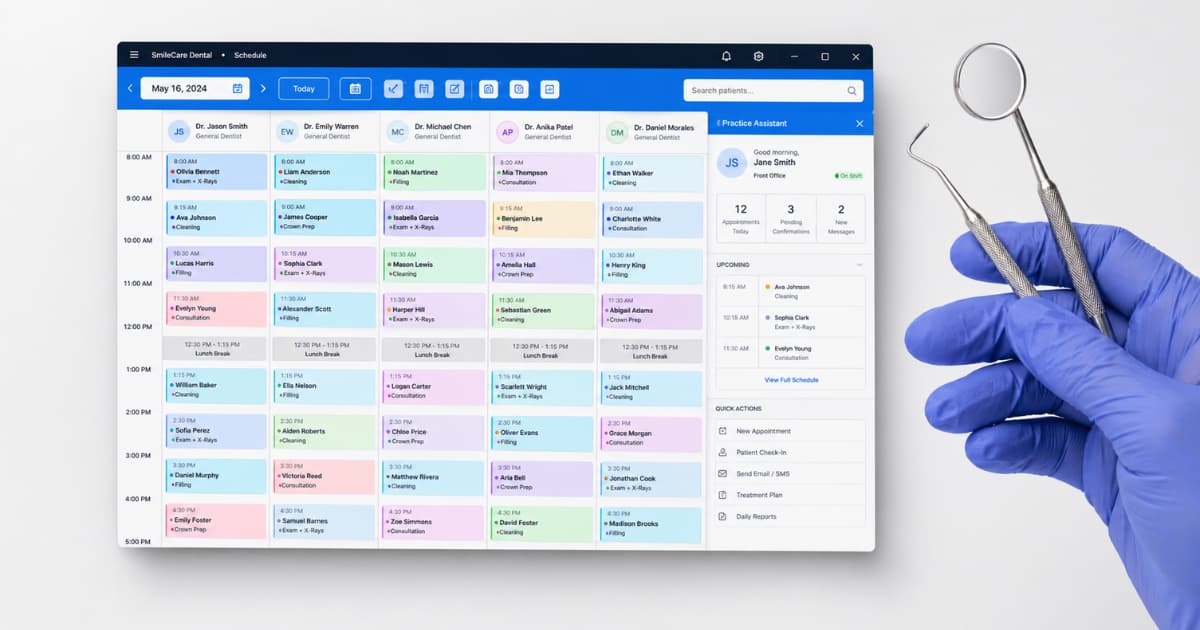 dental practice appointment software picture with gloved hand holding dental tools next to it