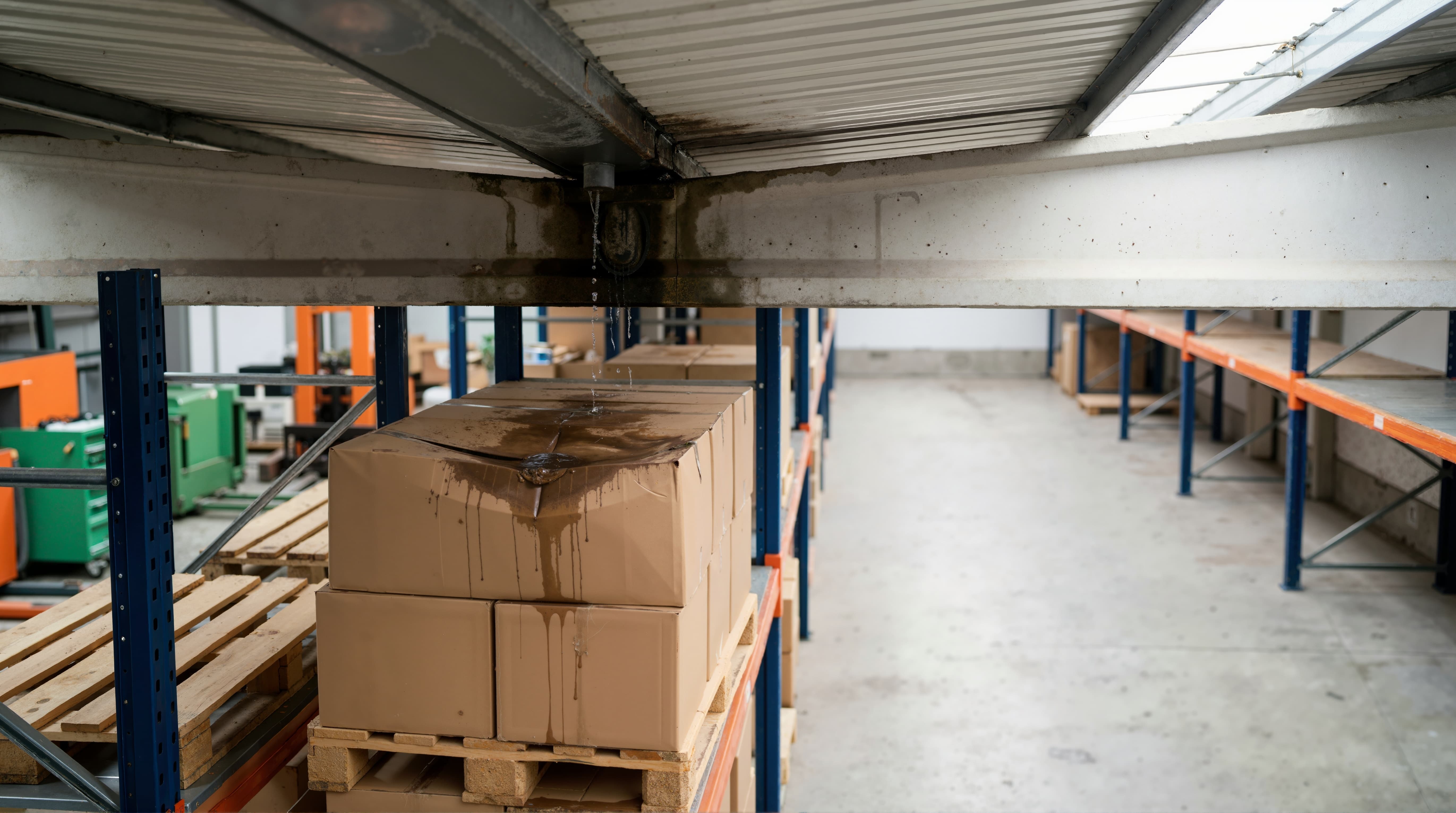 Self Storage Due Diligence: Inspect the roof and follow the water. A photo of leaking water from the roof onto cardboard boxes