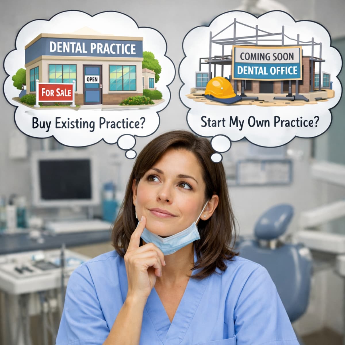 a dentist thinking about either buying a practice or building her own.