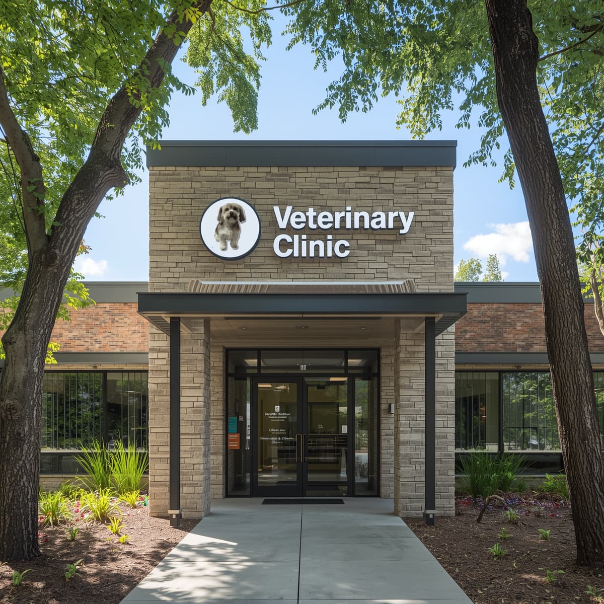 Veterinarian clinic with a brown brick and stone exterior, flanked by tall trees. A cute yorkie is on the Veterinarian Clinic sign. 