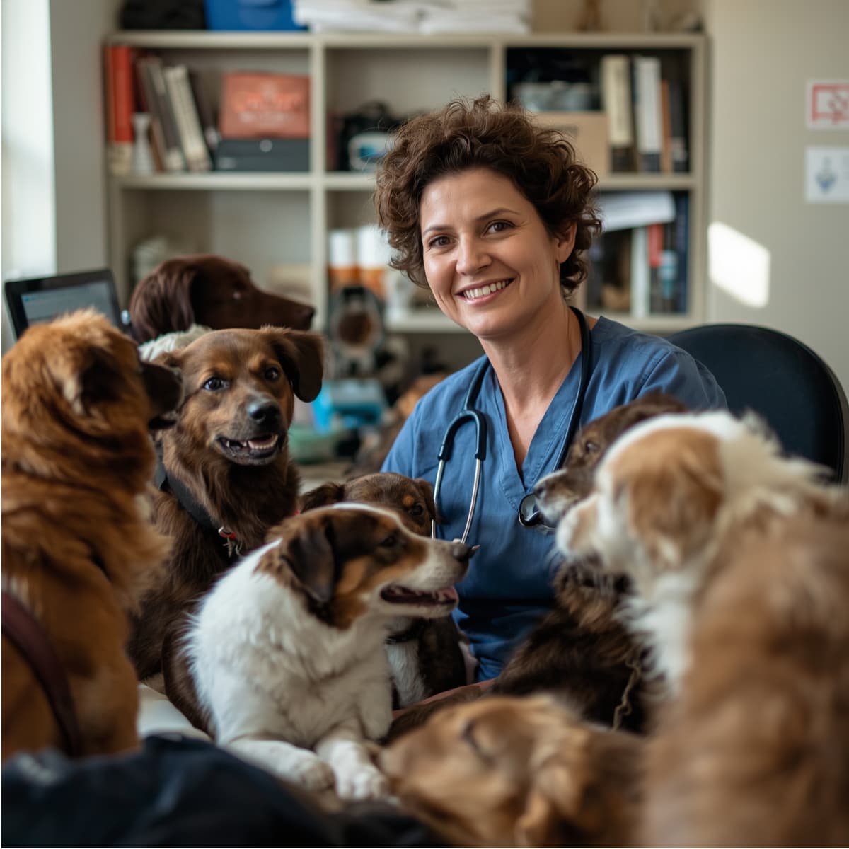 A vet surrounded by dogs, she's considering expanding her practice. 