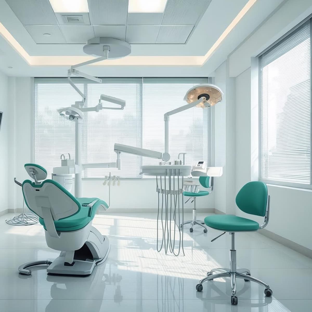 a dental practice exam and treatment room, mainly white with some mint green accents on the chairs
