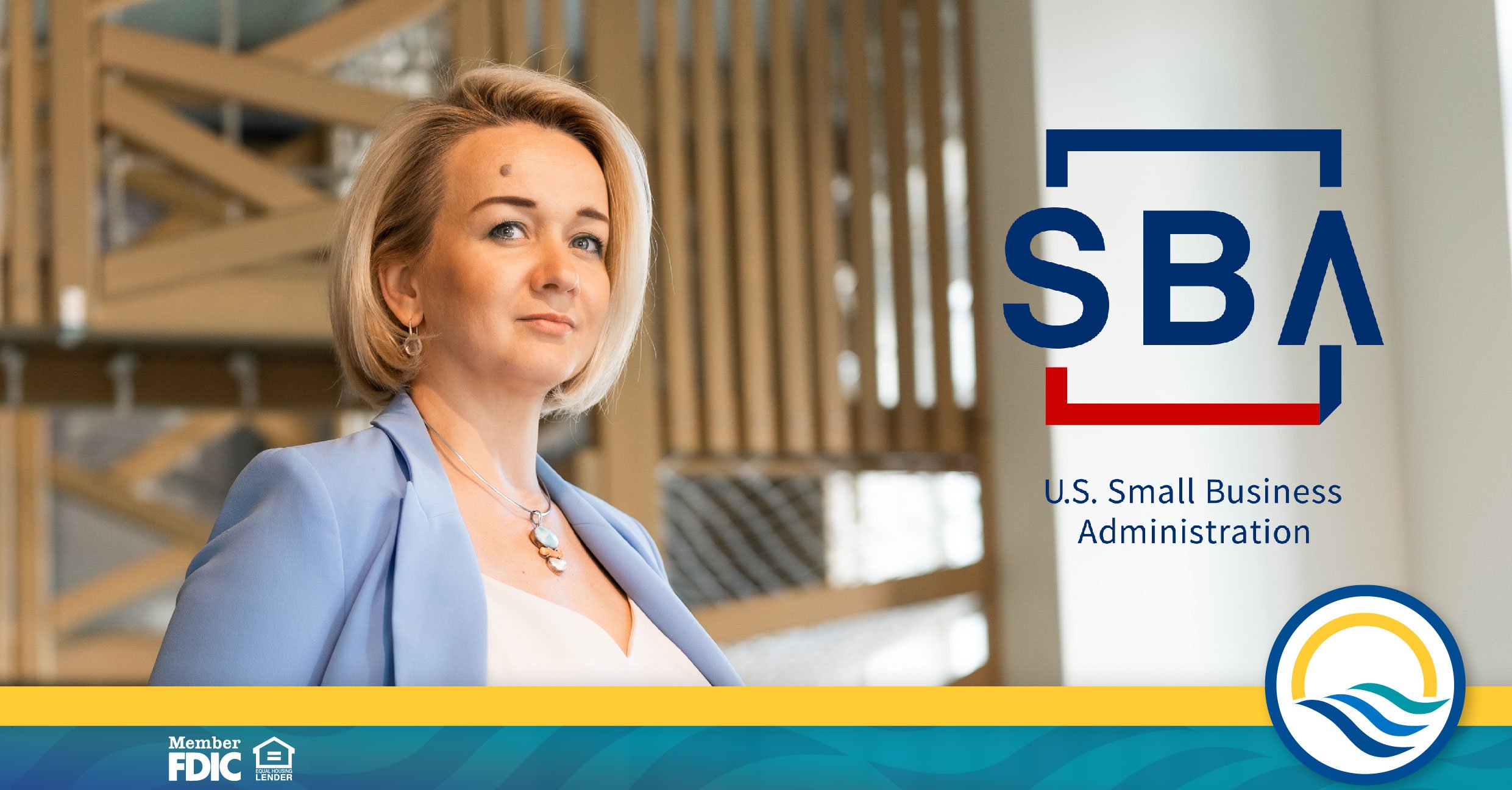 Woman in a business suit looks forward with SBA logo